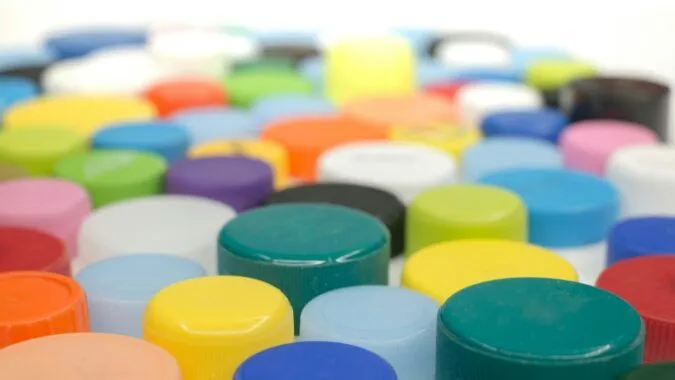 plastic bottle tops of different colours.