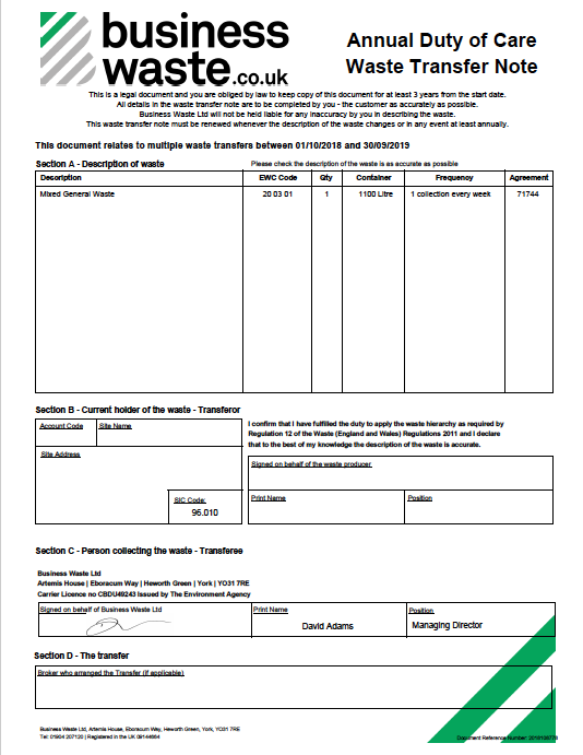 Duty of care - waste transfer note example