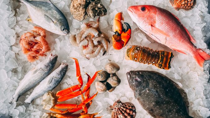 frozen seafood on bed of ice.