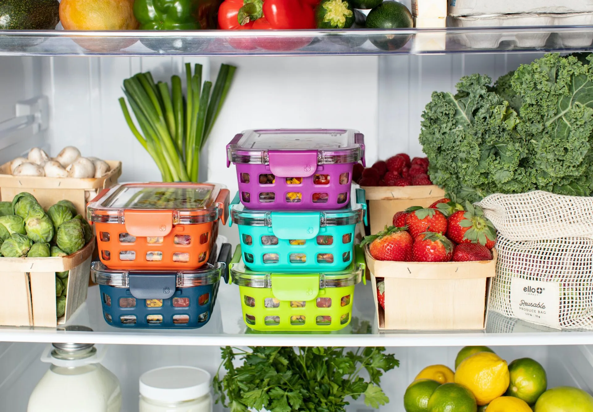 fresh vegetables and tomatoes on a shelf in a fridge.