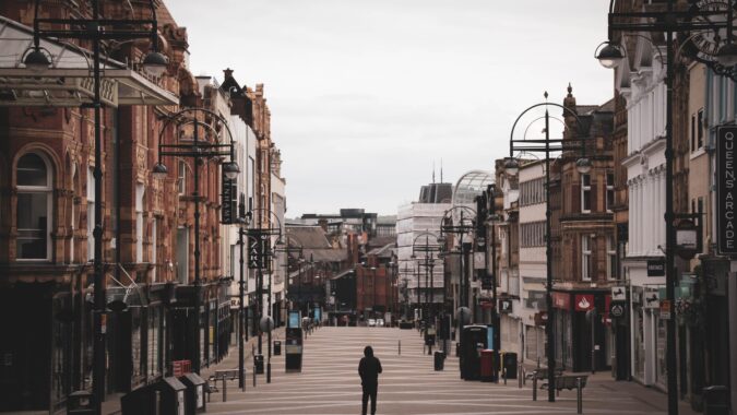 empty Briggate shopping street in Leeds.