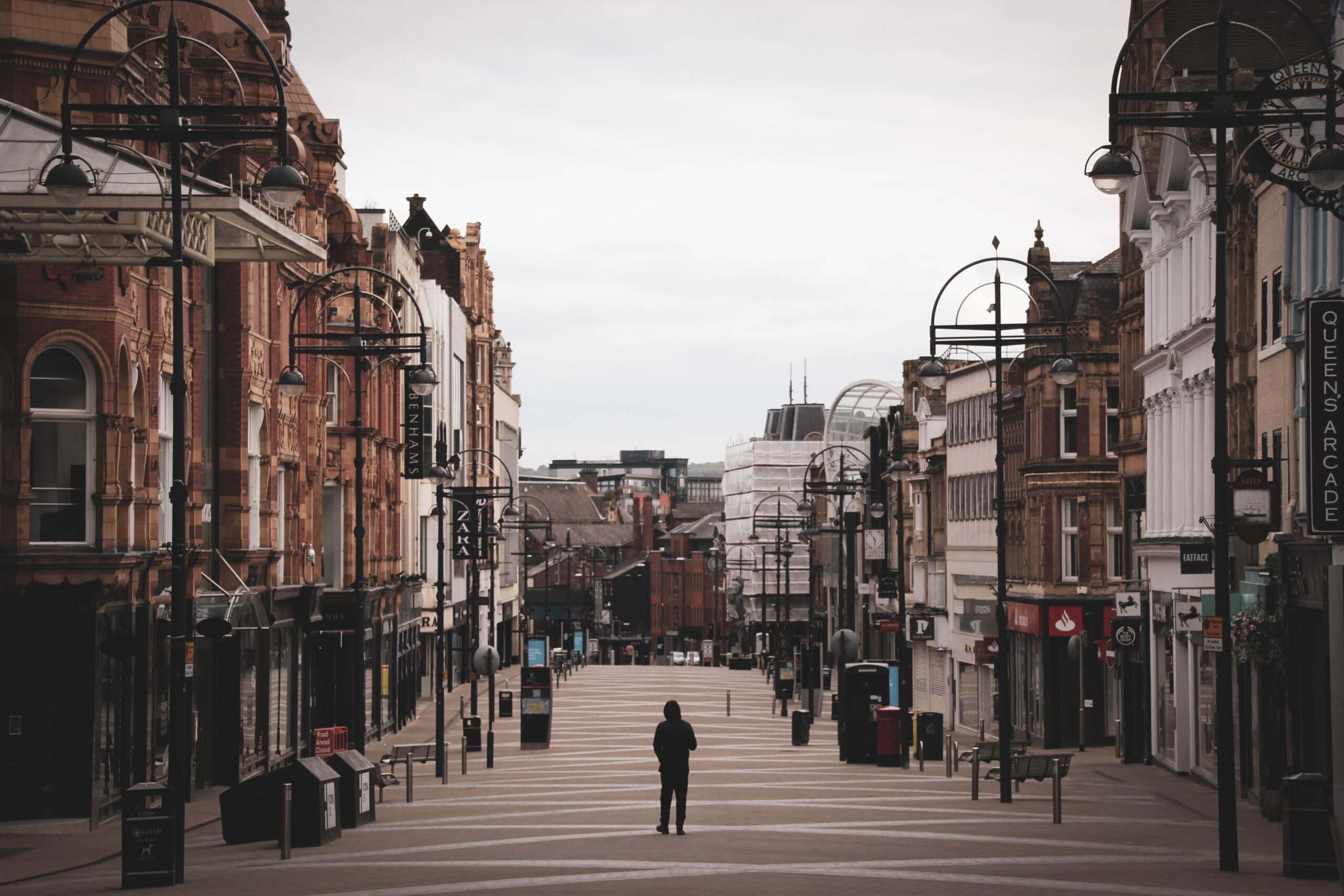 empty Briggate shopping street in Leeds.