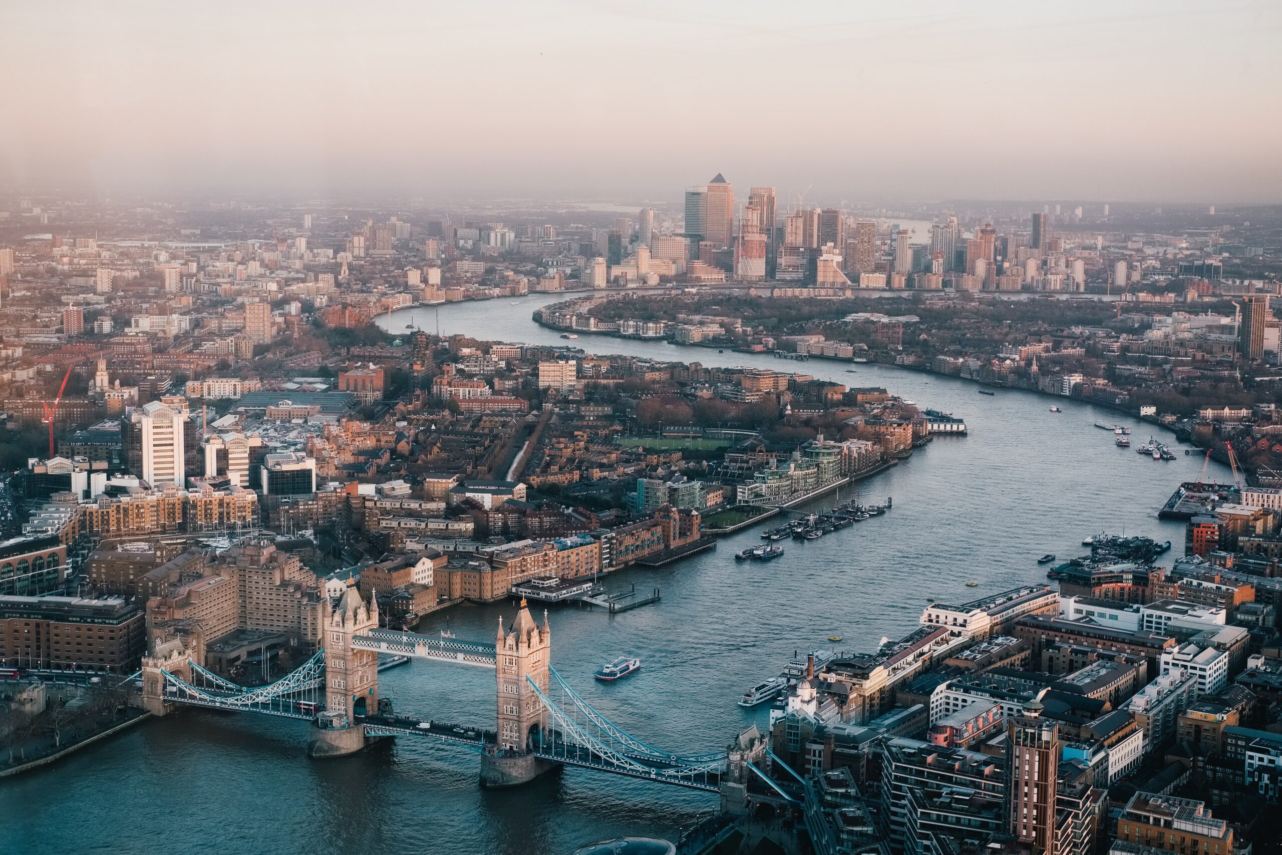 River Thames and Tower Bridge from above in London.