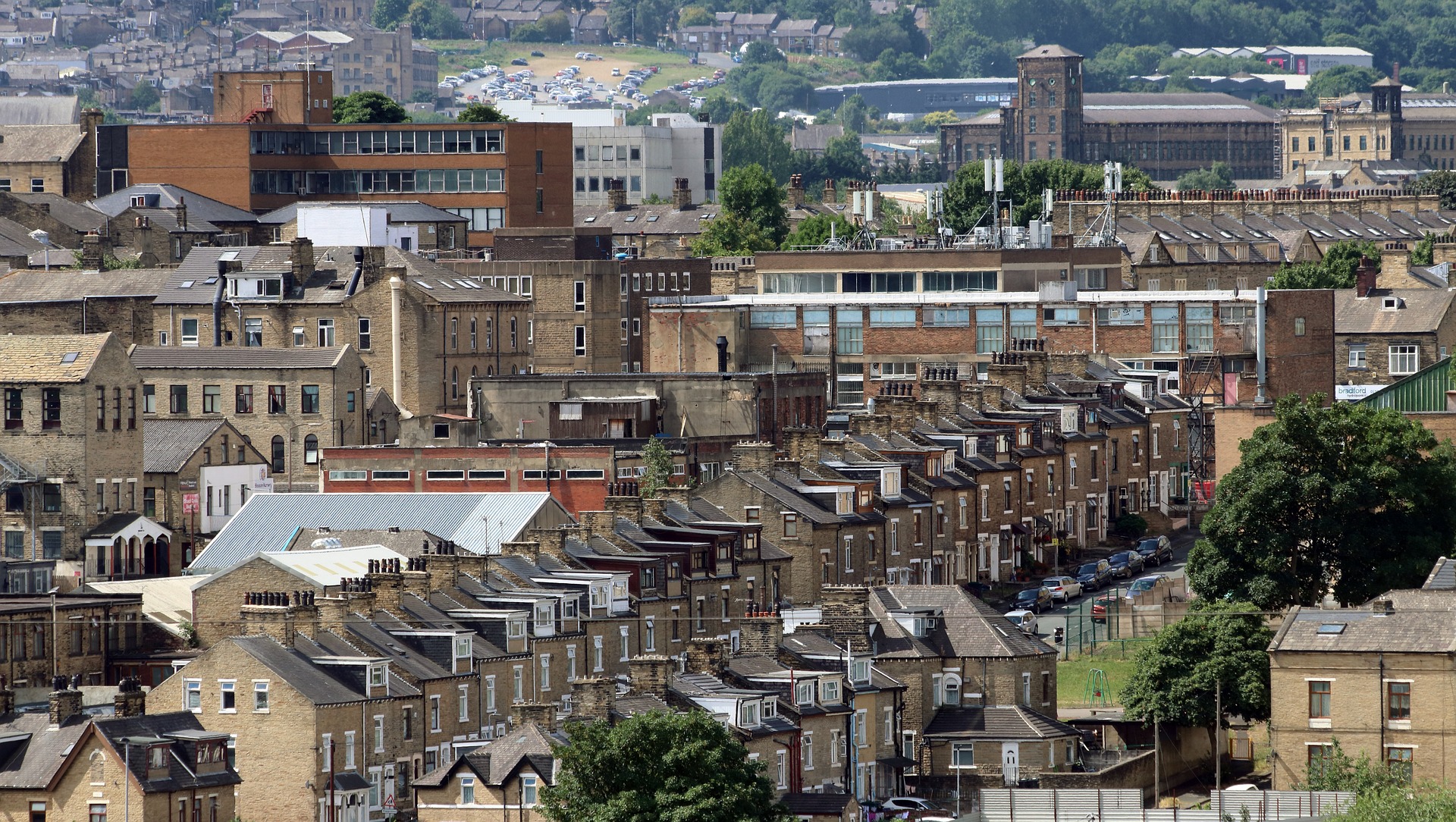 aerial view of terraced houses in Bradford city centre.