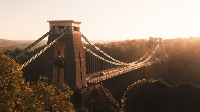 Clifton suspension bridge at sunset in Bristol.