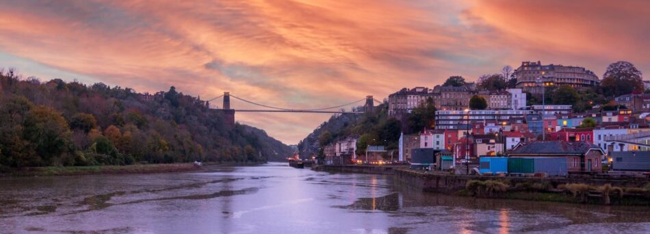 Bristol bridge and river at sunset.