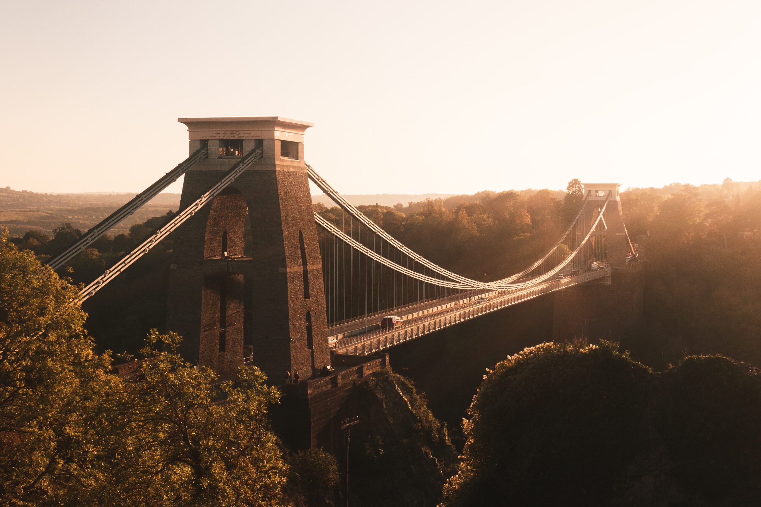 Clifton suspension bridge at sunset in Bristol.
