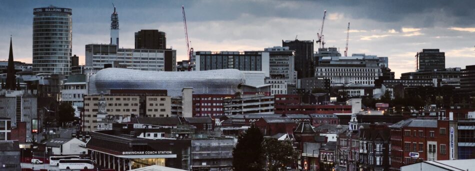 Birmingham city skyline with Bullring and other buildings.
