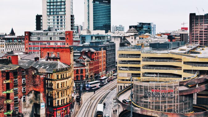 aerial view of Manchester city centre with Arndale centre.