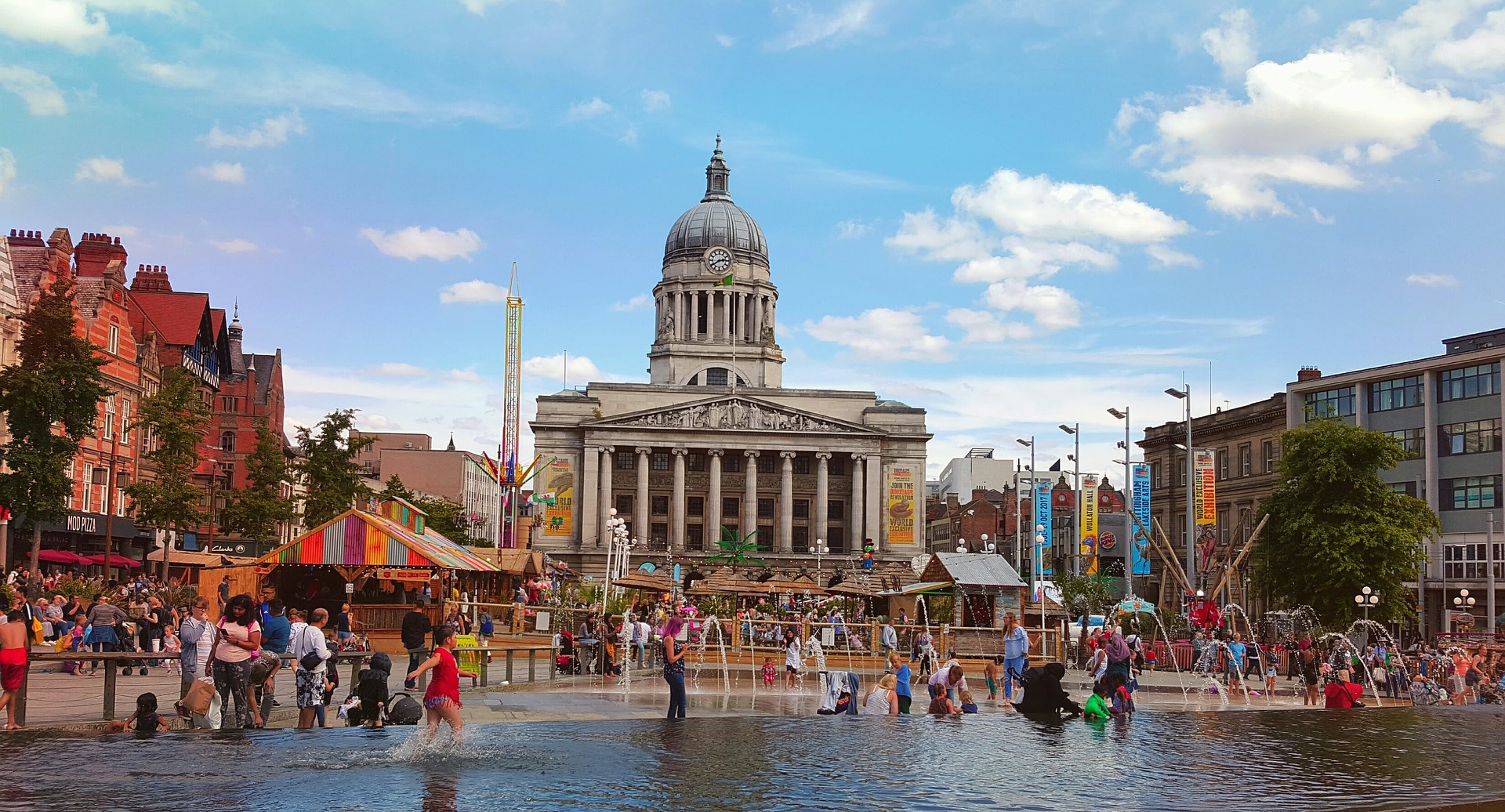 Nottingham town hall with fountain in the sunshine.