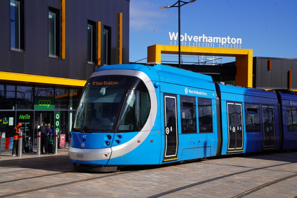 tram arriving at Wolverhampton station.