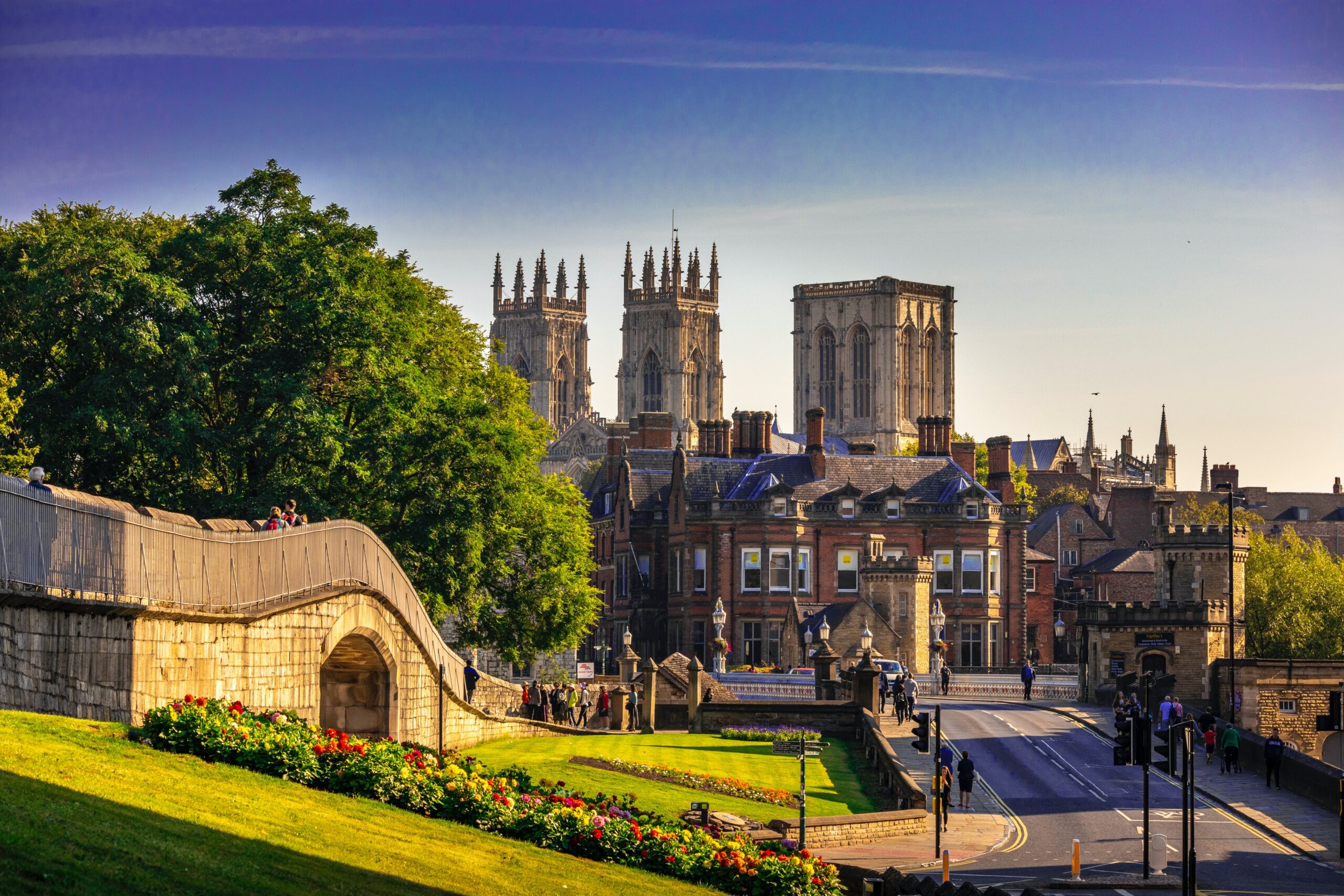 York city walls and York Minster in sunshine.