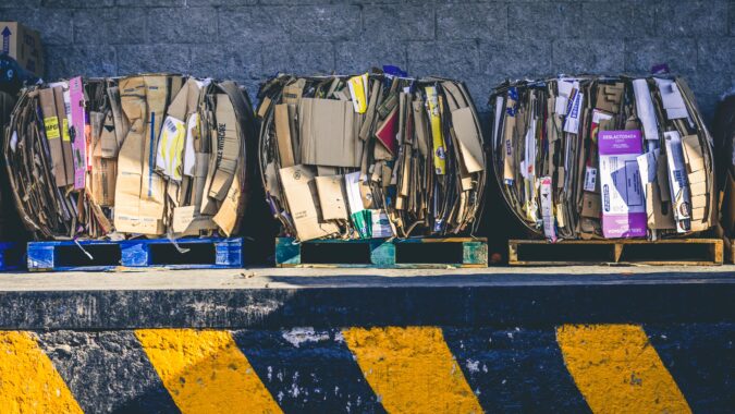 three bales of cardboard on pallets.