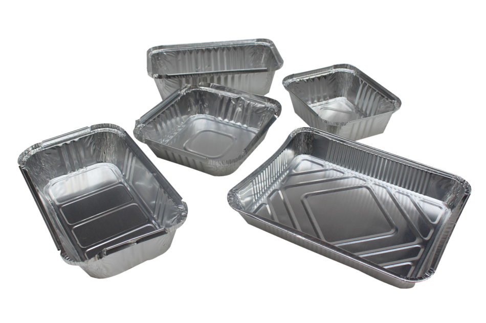 five empty aluminium trays.