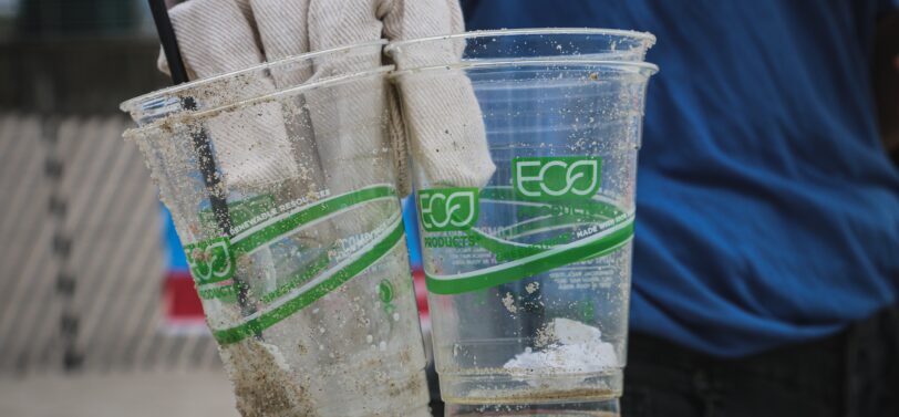 compostable plastic cups at a festival.