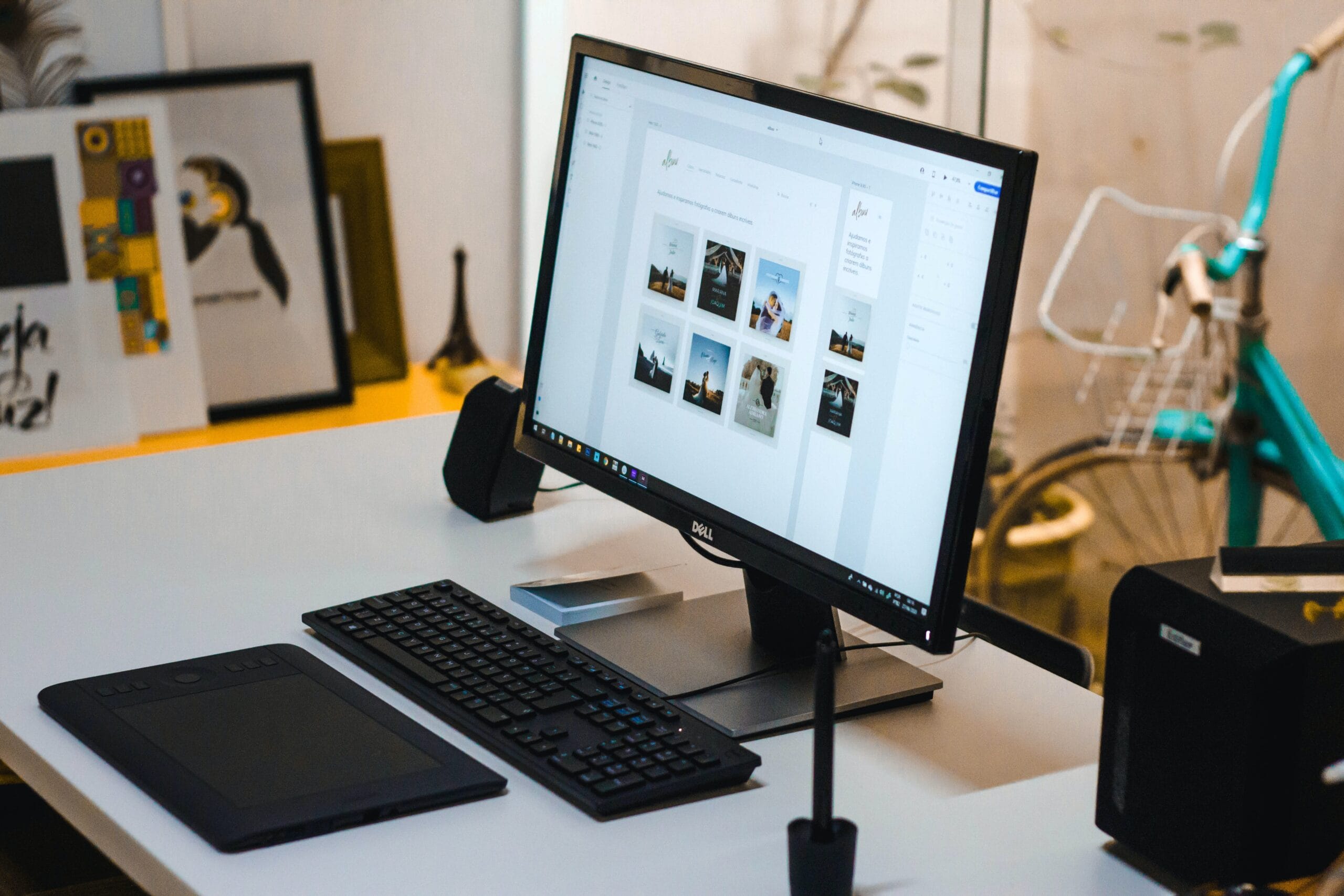 computer monitor with keyboard and mouse.