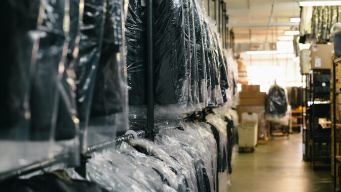 clothes hanging up in dry cleaners.