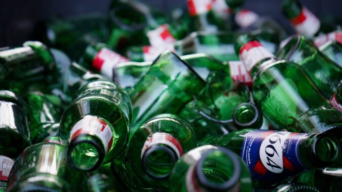 green glass beer bottles.