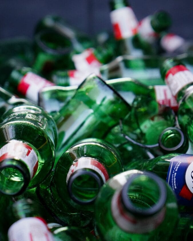 green glass beer bottles.