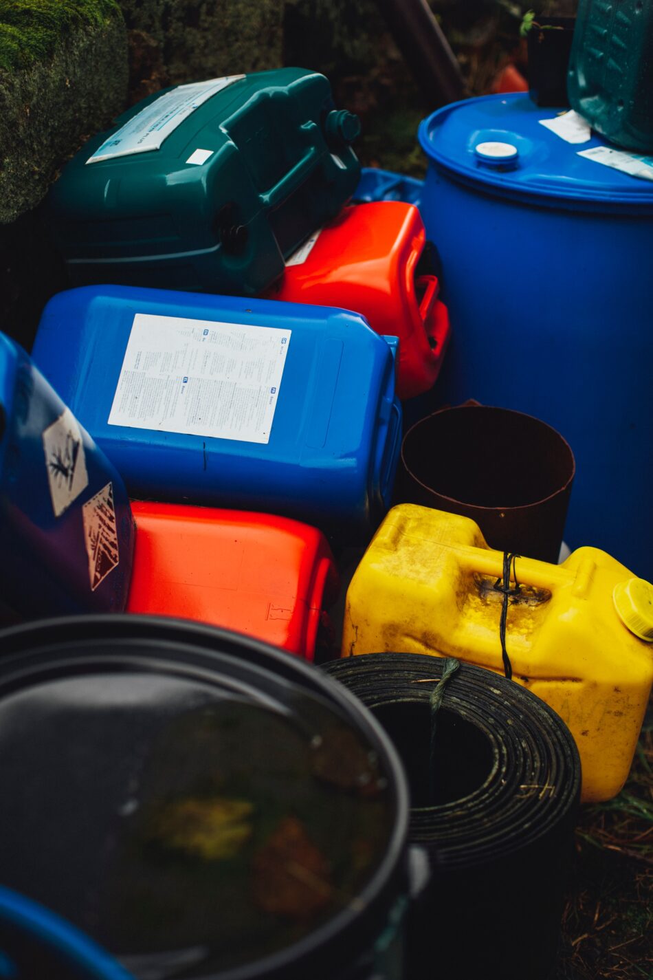 empty chemical and solvent bottles.