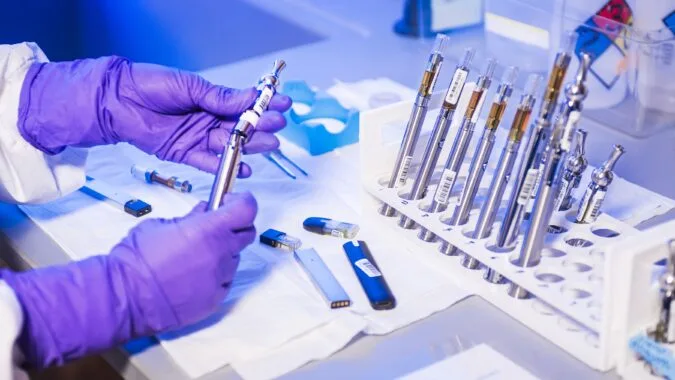 hands working with test tubes in laboratory.