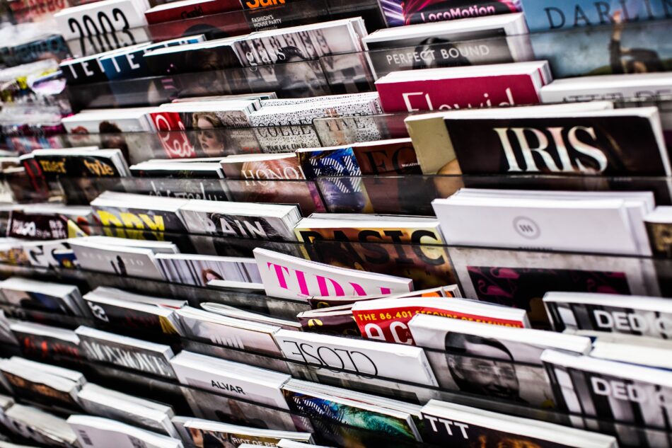 magazines on a rack.