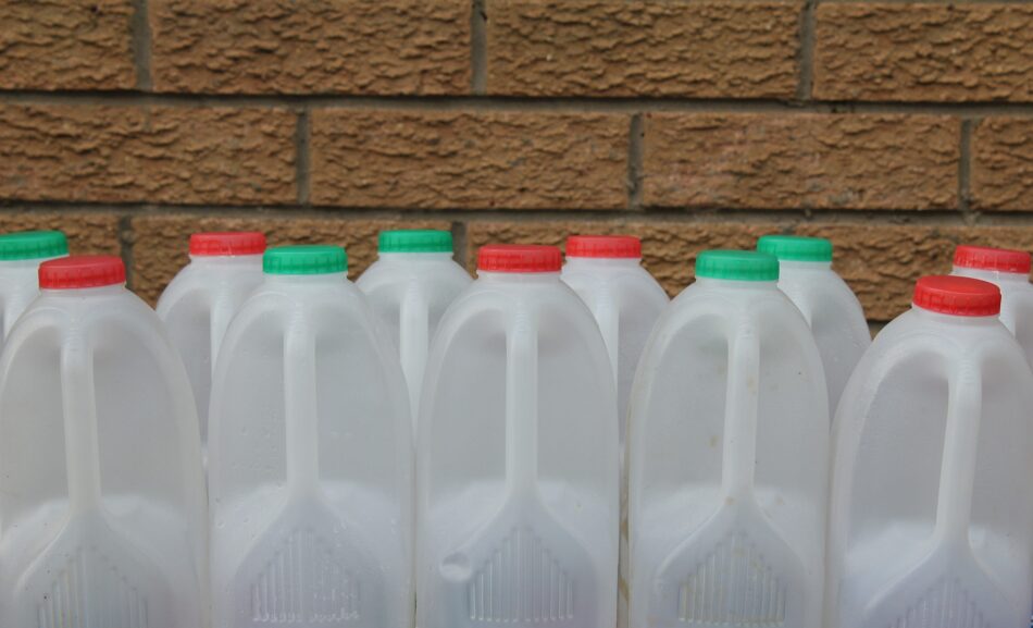 empty to litre plastic milk bottles in a row.