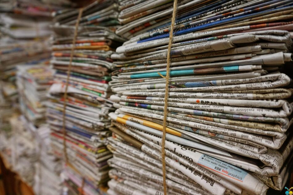 bundles of newspapers.