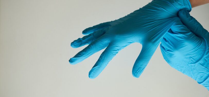 medical gloves on hands.