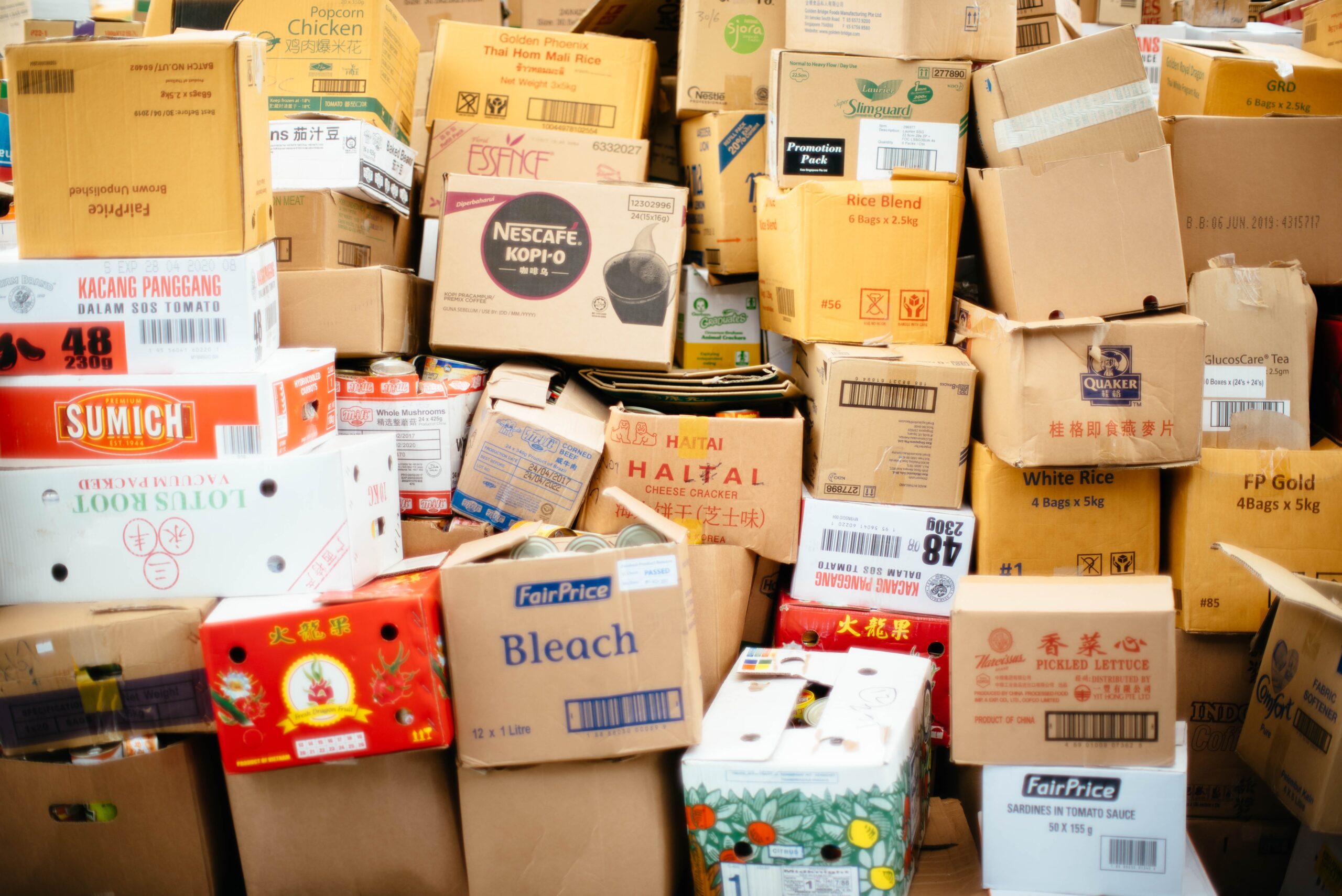 lots of cardboard boxes stacked up.