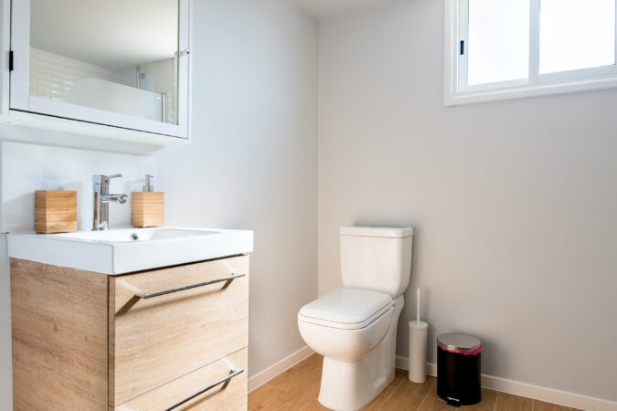 bathroom with sanitary bin.