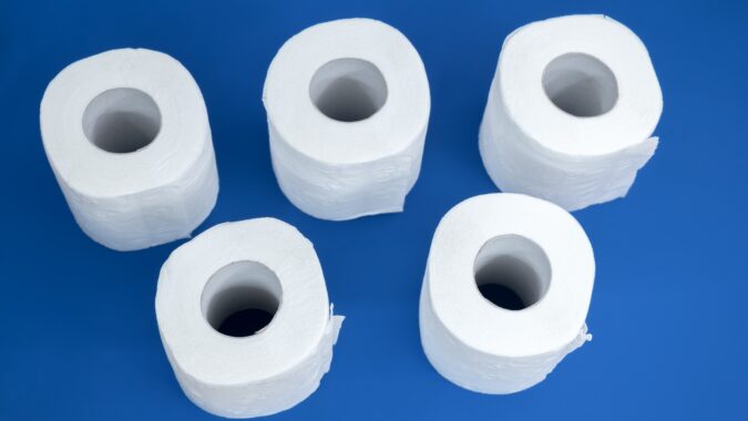 overhead view of five toilet rolls.