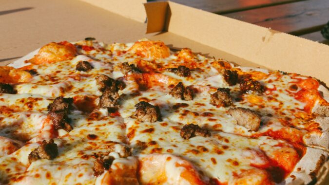 takeaway pizza in box.