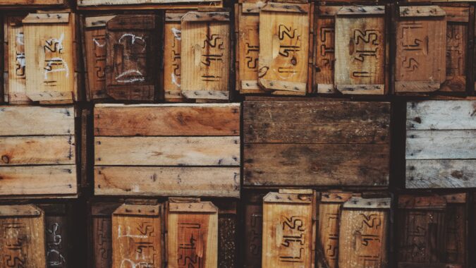 wooden boxes.