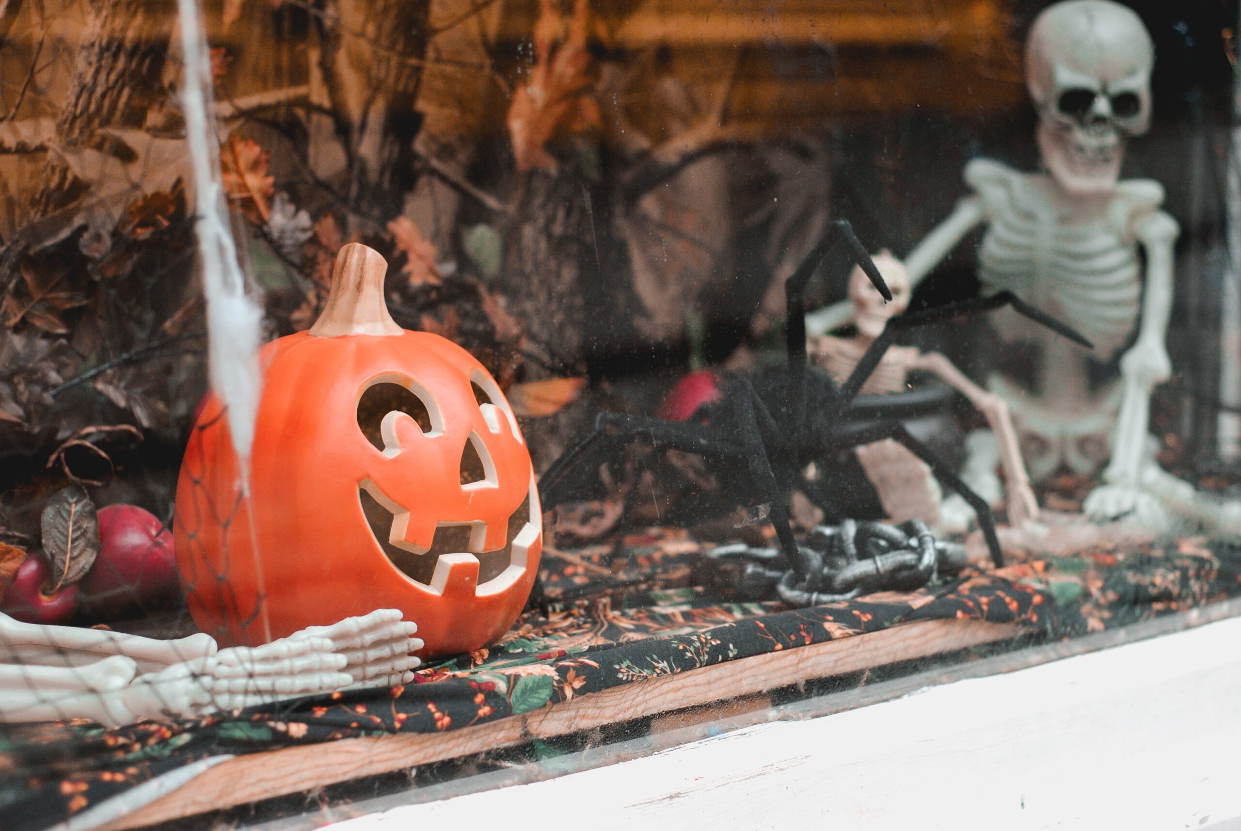 plastic pumpkin spider and skeleton in shop window.