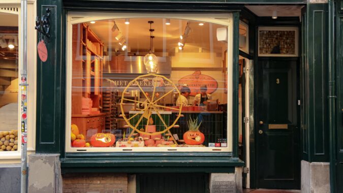 food shop window decorated for halloween.