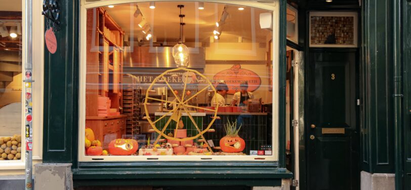 food shop window decorated for halloween.