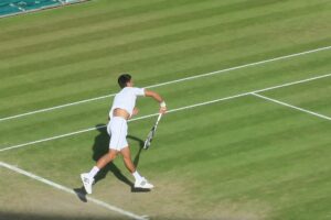 novak djokovic playing tennis at wimbledon.