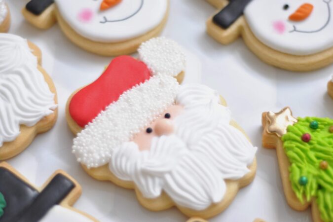 santa and snowman gingerbread faces.