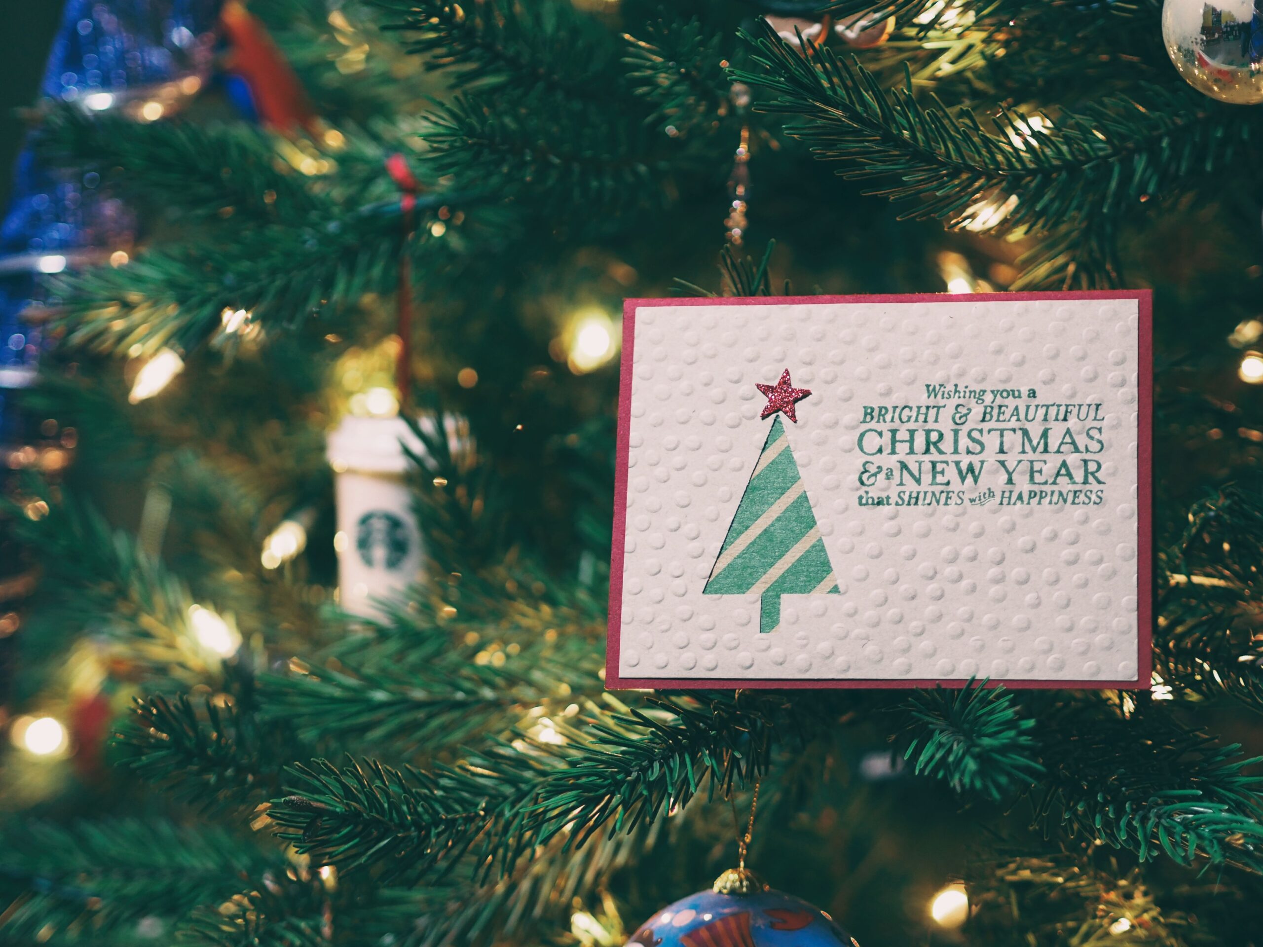 Christmas card in Christmas tree.