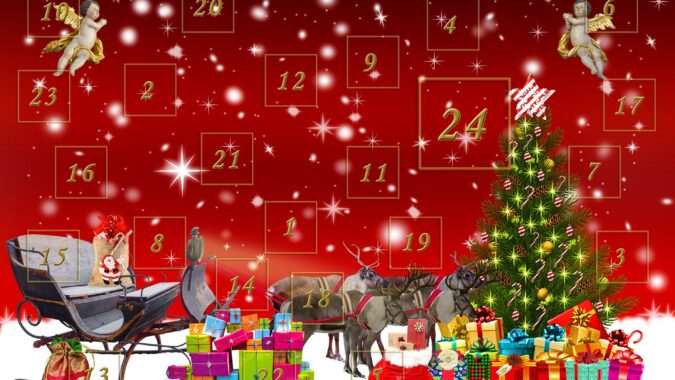 advent calendar with Christmas tree presents and Santa's sleigh design.
