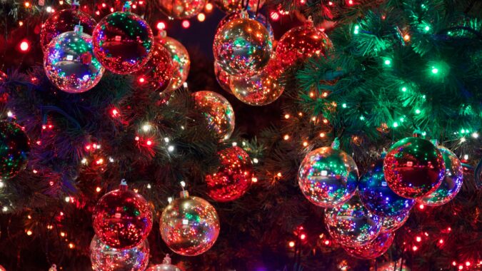 glittering Christmas tree lights and baubles.