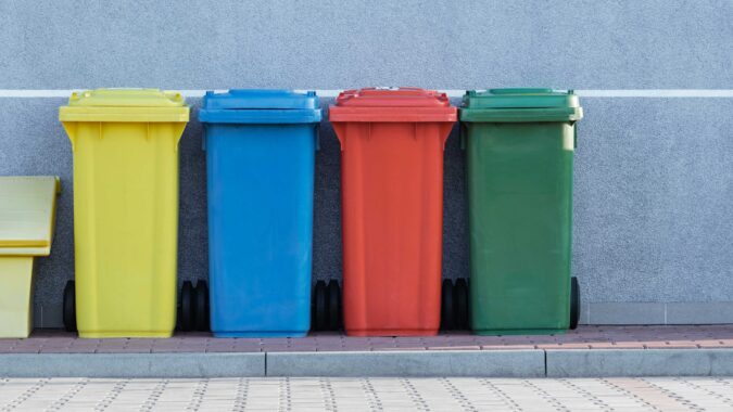 four coloured wheelie bins in a row in front of wall.