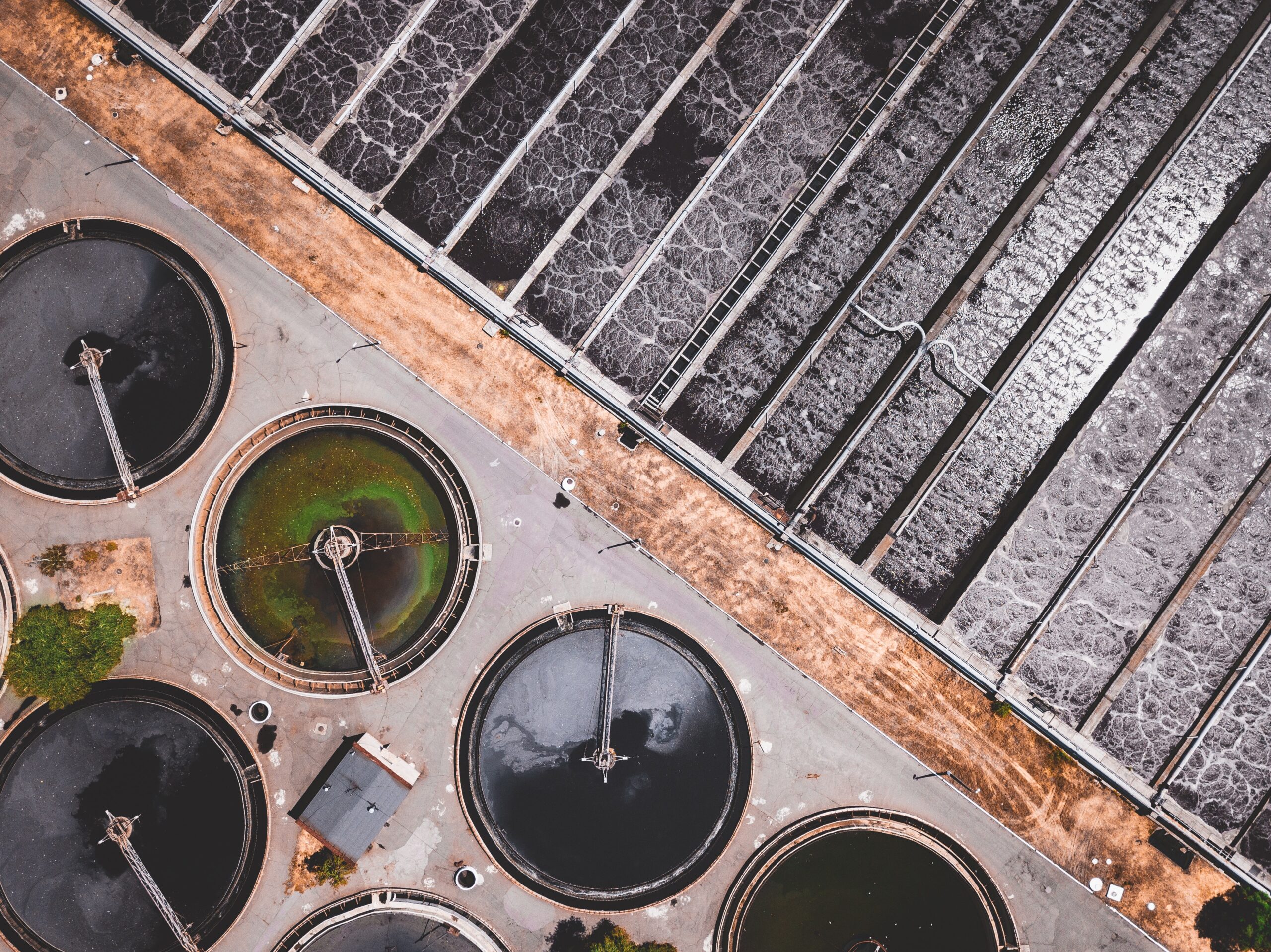 overhead view of liquid waste at sewage plant.