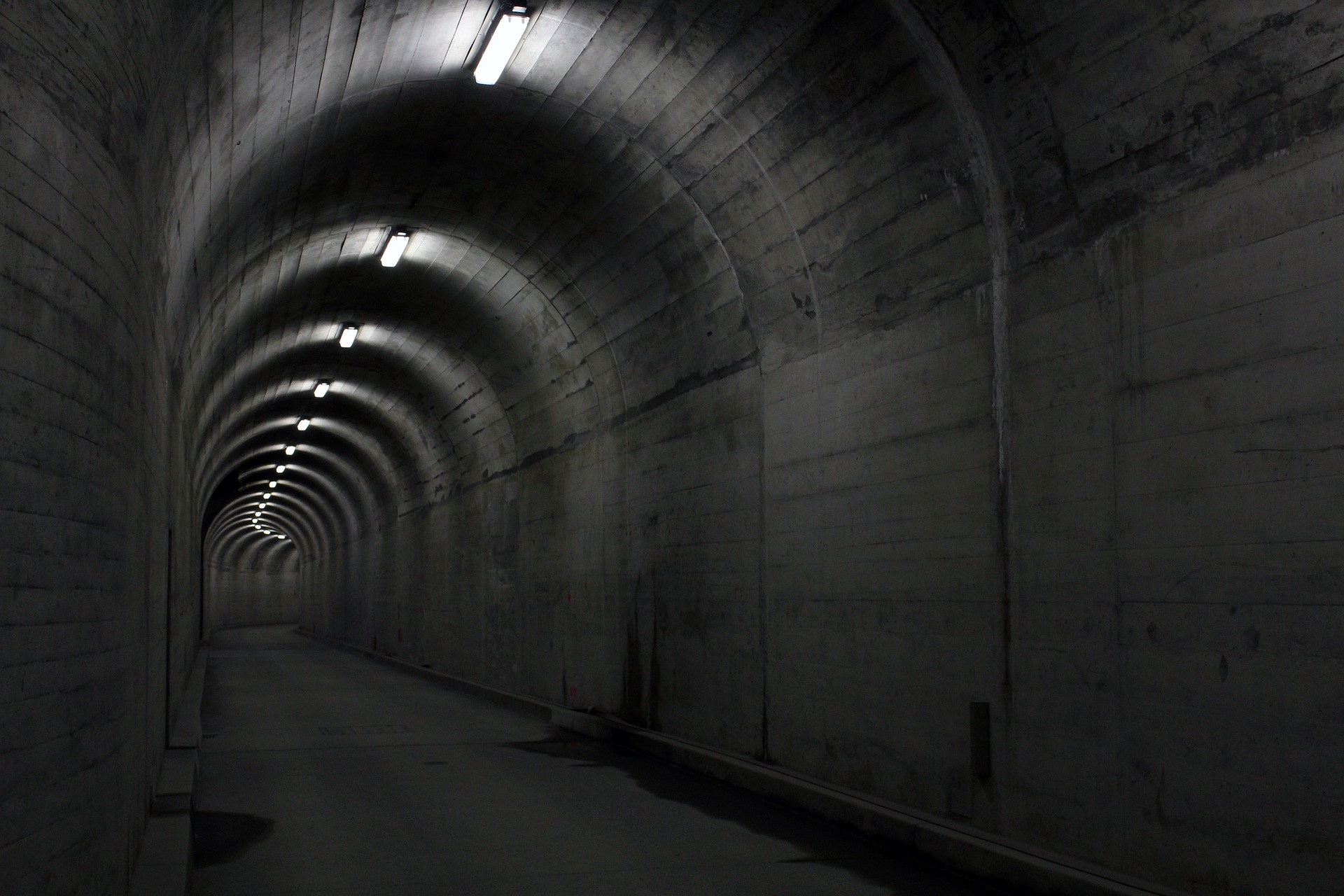 fluorescent lights in a dark rounded tunnel.