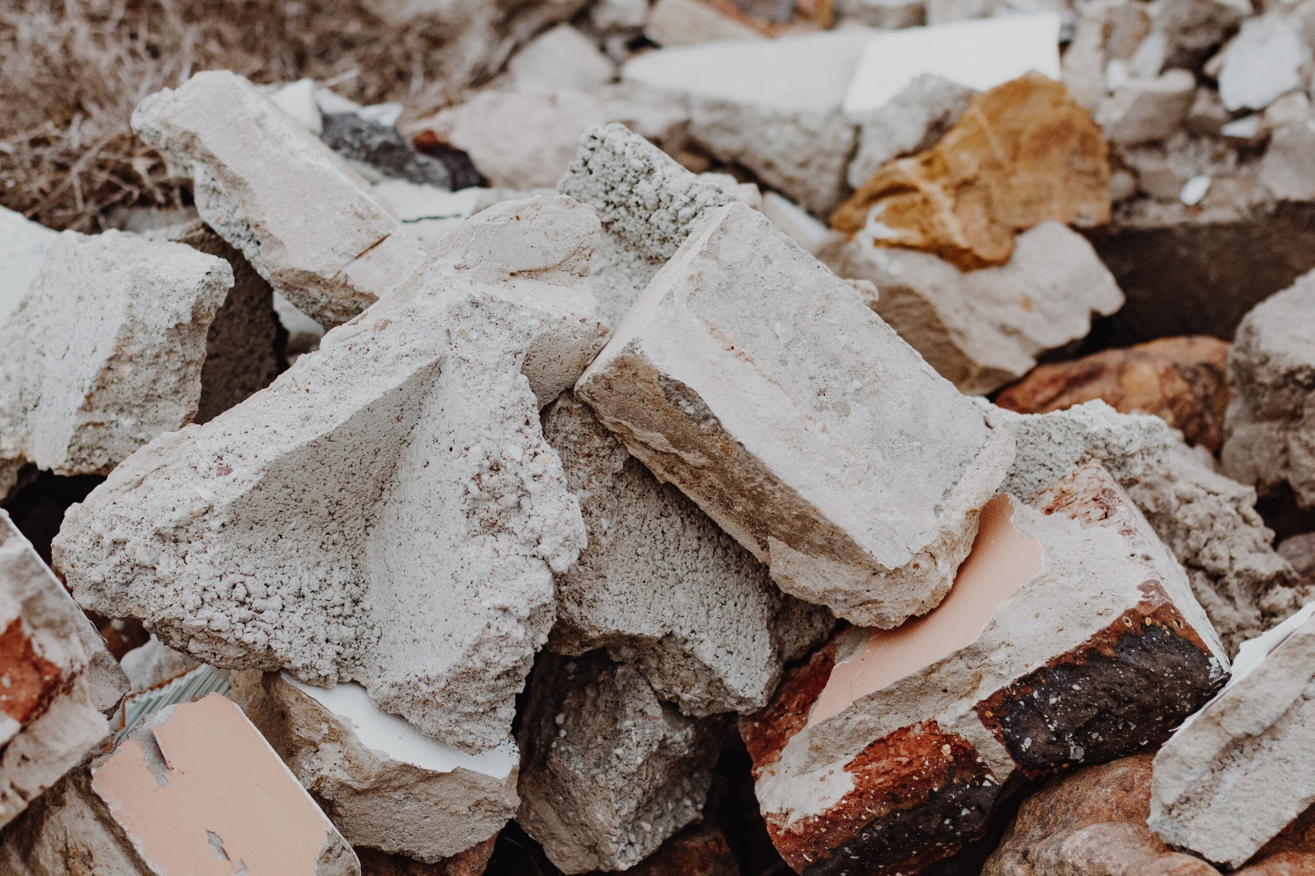 broken bricks and rubble piled up.