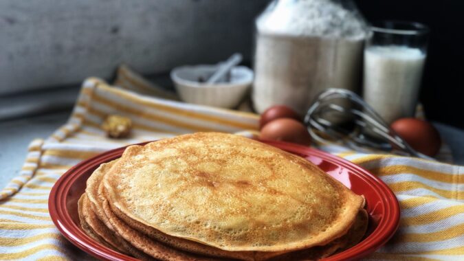 plate of golden brown pancakes.