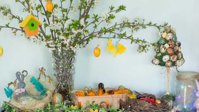 flowers in vase and easter decorations.