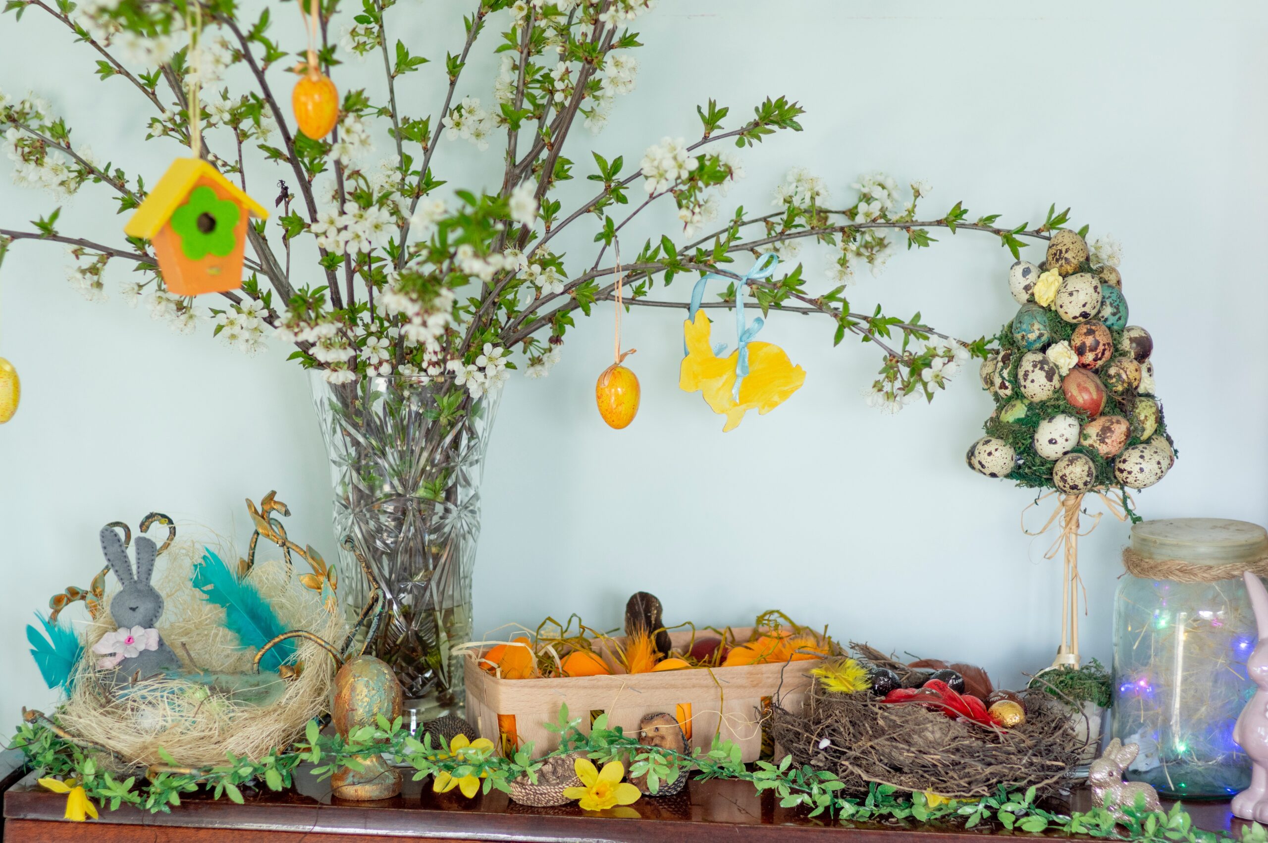 flowers in vase and easter decorations.