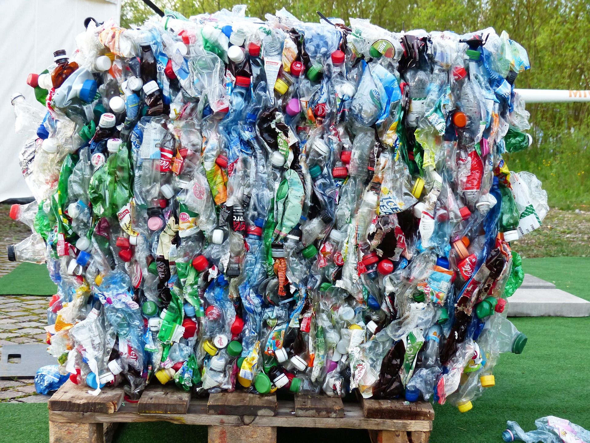 bale of plastic bottles for recycling.